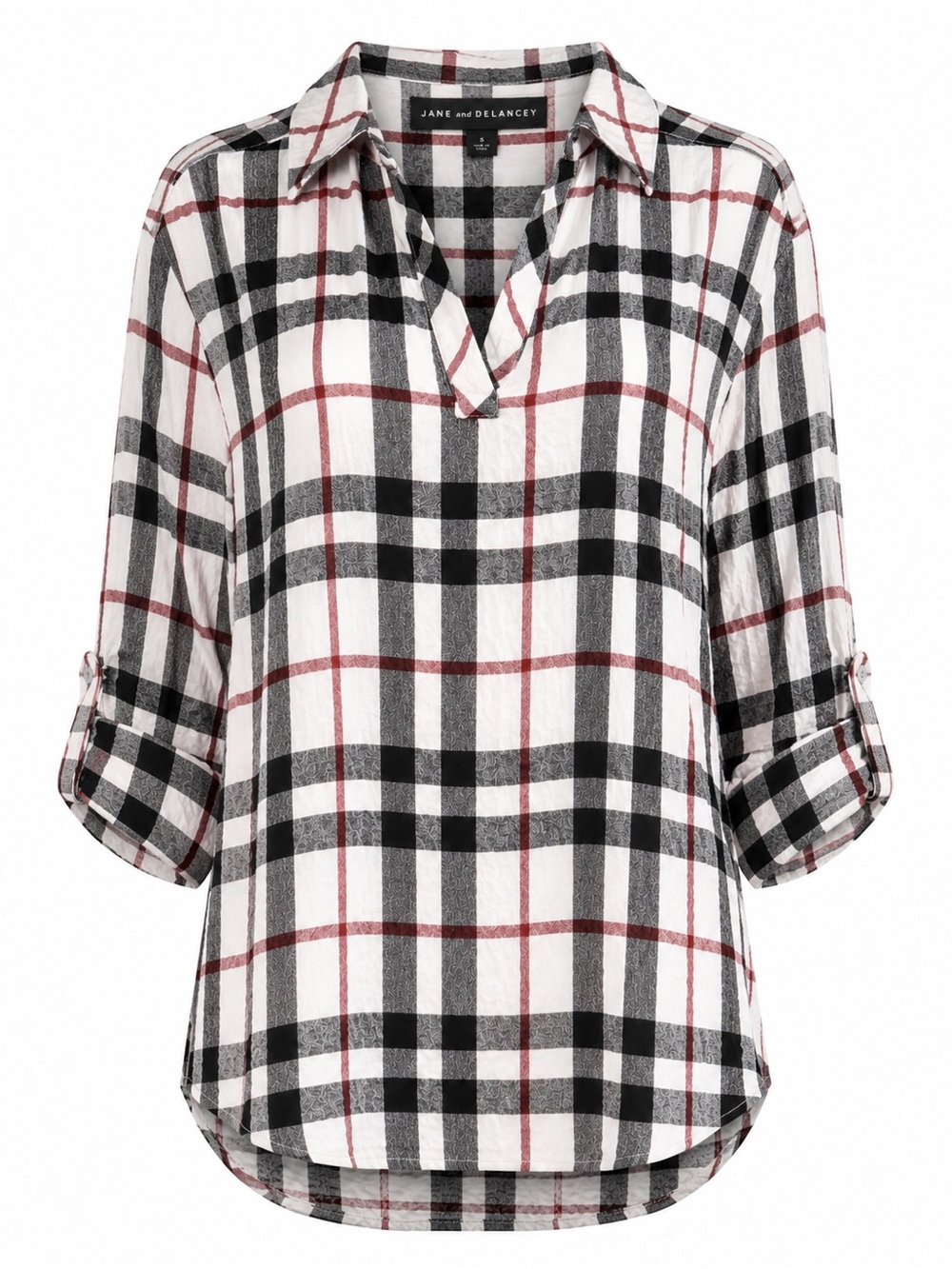 Jane & Delancey Plaid Popover Blouse Size Small Roll Tab Sleeve Top